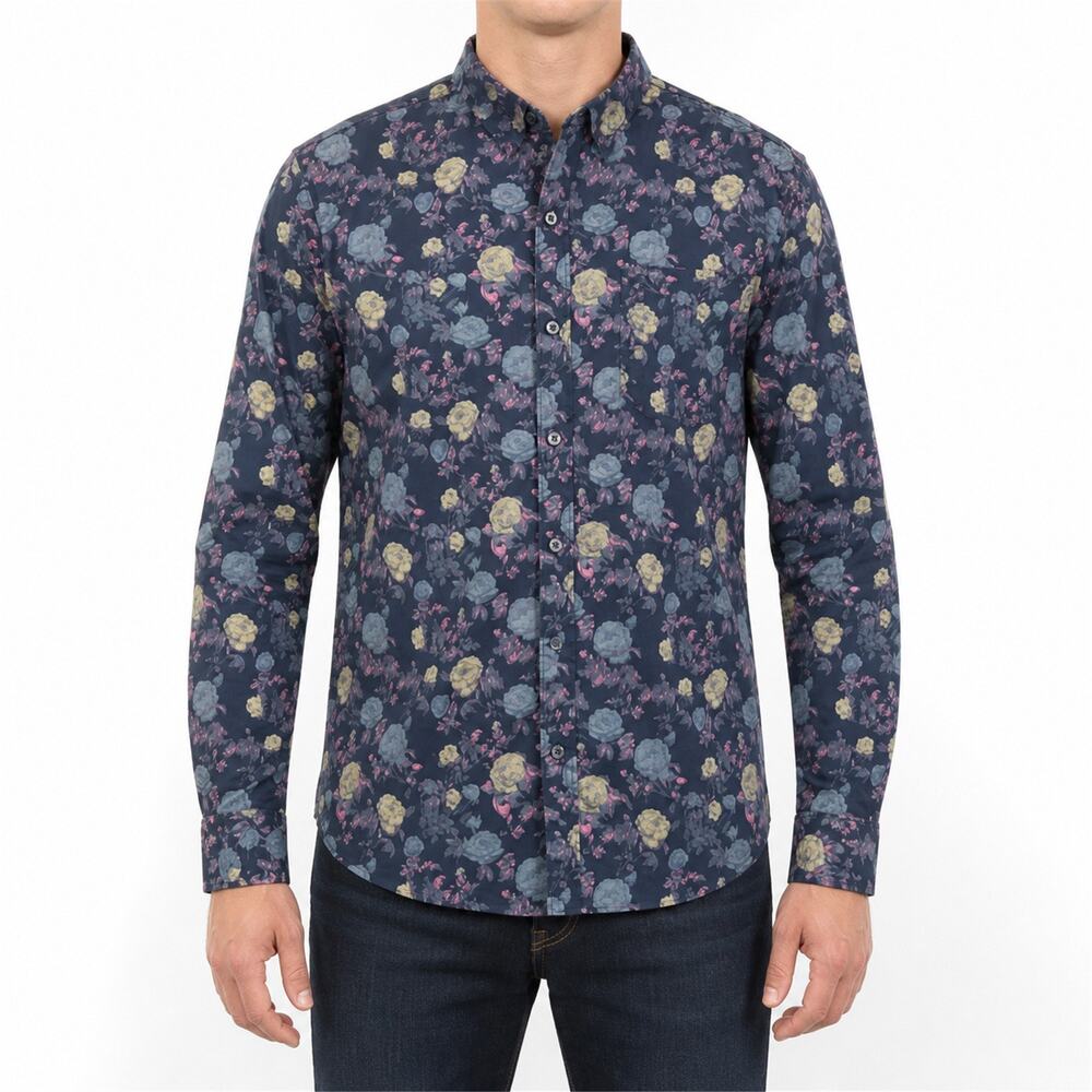 Paper Denim & Cloth Shirt Mens Medium Blue Floral Stretch Slim Fit Button Up